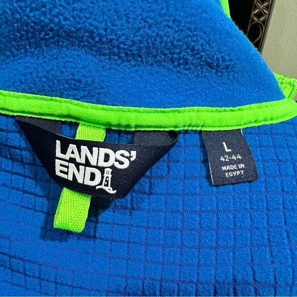 Lands’ End Full Zip Grid Fleece Jacket – Blue with Neon Green Trim, Size L - Picture 12 of 12
